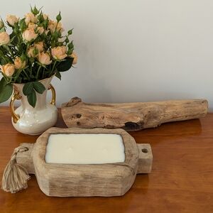 Rustic Wooden Candle Holder with Cream Candle